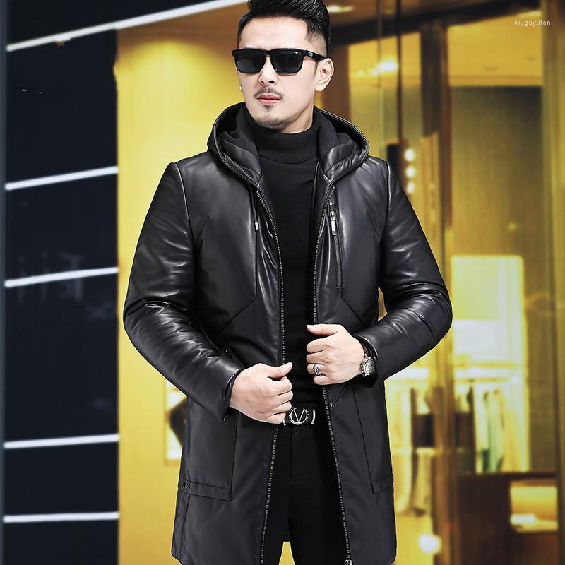 

Men's Leather & Faux Genuine Down Jacket Mens Autumn And Winter Warm Sheepskin Long Hooded Fur Coat Clothes, Black
