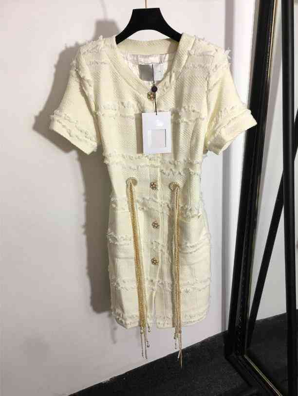 

Womens Dresses Designer Pearl Chain Button Short Sleeve Dress Luxury Silk Lined Maxi Dresses For Women, Ivory