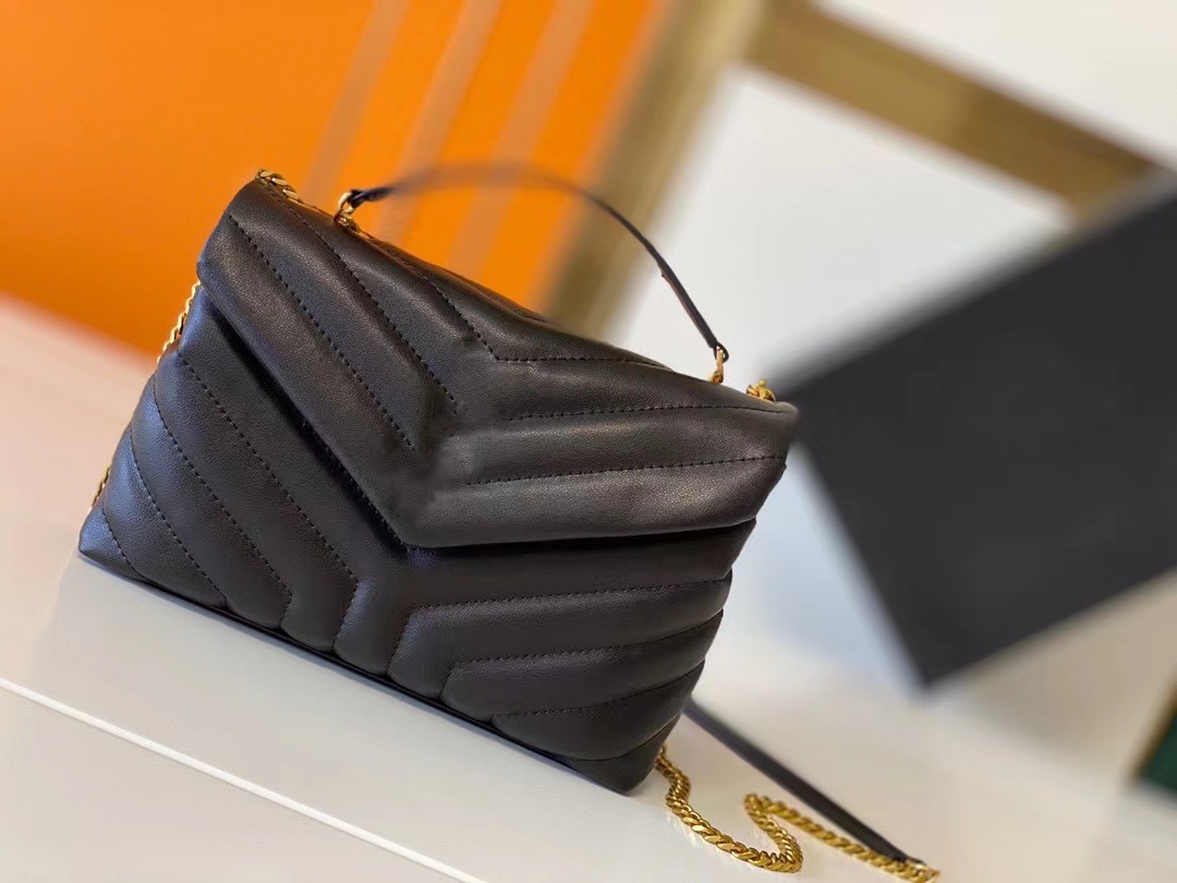 

Luxury designer hand bags LOULOU Y-shaped quilted real leather with chain Flap multiple colour women handbags purses classic top quality brown womens clutch, Black-gold chain