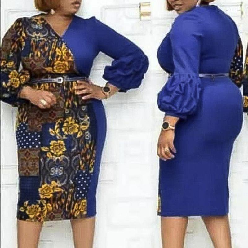 

Plus Size Dresses African Women's Digital Blue Print Stitching V-neck Long-sleeved Dress Fashion OL Commuter Bag Hip 2022 Echm22