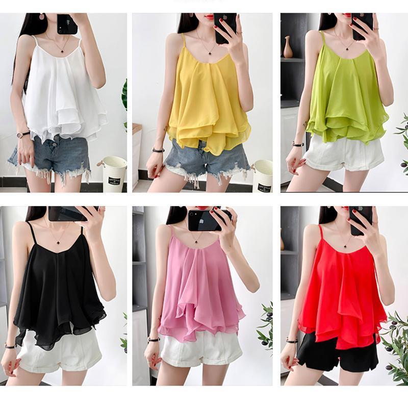 

Women' Blouses & Shirts Summer Spaghetti Strap Women Sexy Indie Korean Cute White Pink Cami Tank V Neck Ruffle Irregular Chiffon Crop Top, Yellow