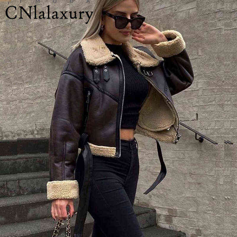 

2022Fur Long Sleeve Loose Belt Warm Women Pu Leather Jacket Lamb Wool Winter Thick Motorcycle Lapels Female Chic Jacket Outrunner J220727, Black