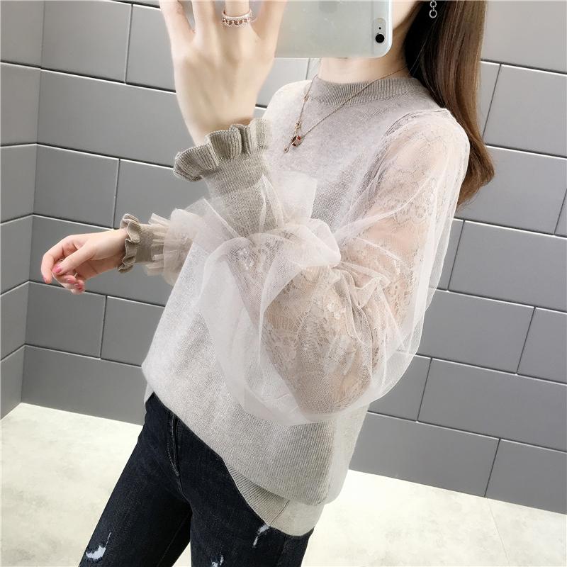 

Women's Sweaters Fashion Women Spring Chunky Knit Sweater Autumn Mesh Patchwork Design Lace Ruffles Jumper Pullover O-Neck Long Sleeve TopsW