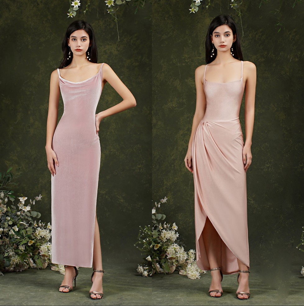 

Pearl Pink Spahetti Staps Mermaid Bridesmaid Dresses Ruched Split Backless Sweep Train Formal Party Wedding Guest Maid of Honor Formal Wears cps3016