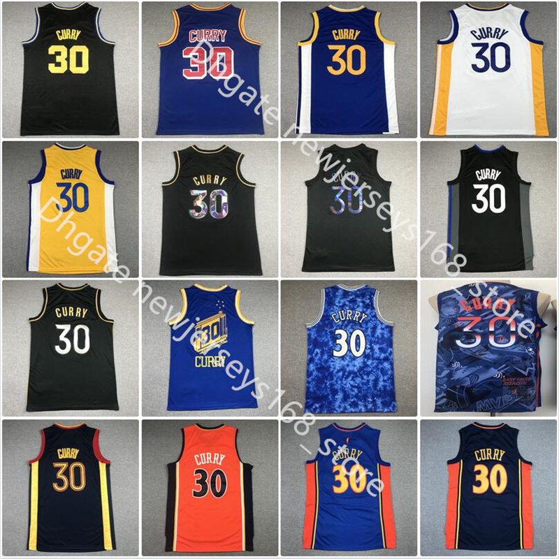 

2021-22 Men Basketball Stephen Curry 30 75th Anniversary Diamond Black Yellow Blue White Color Stitched Jersey Size -2XL, Picture