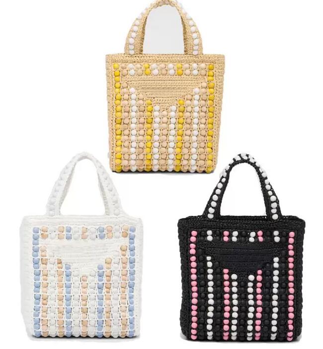 

Classics Designer Straw Bag Womens Bags Handbag Lady Letter Beads Tote Women Shopping Handbag High quality Crochet Pouch Banquet Purses, Black
