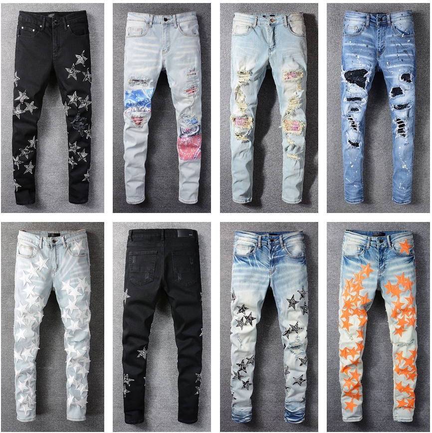 

Designer Mens Jeans hip hop Style Luxury Fashion Denim Pant embroidery Patches Distressed Ripped Biker Black Blue men slim pencil Slim Fit Motorcyc hole Jean, Consultative service