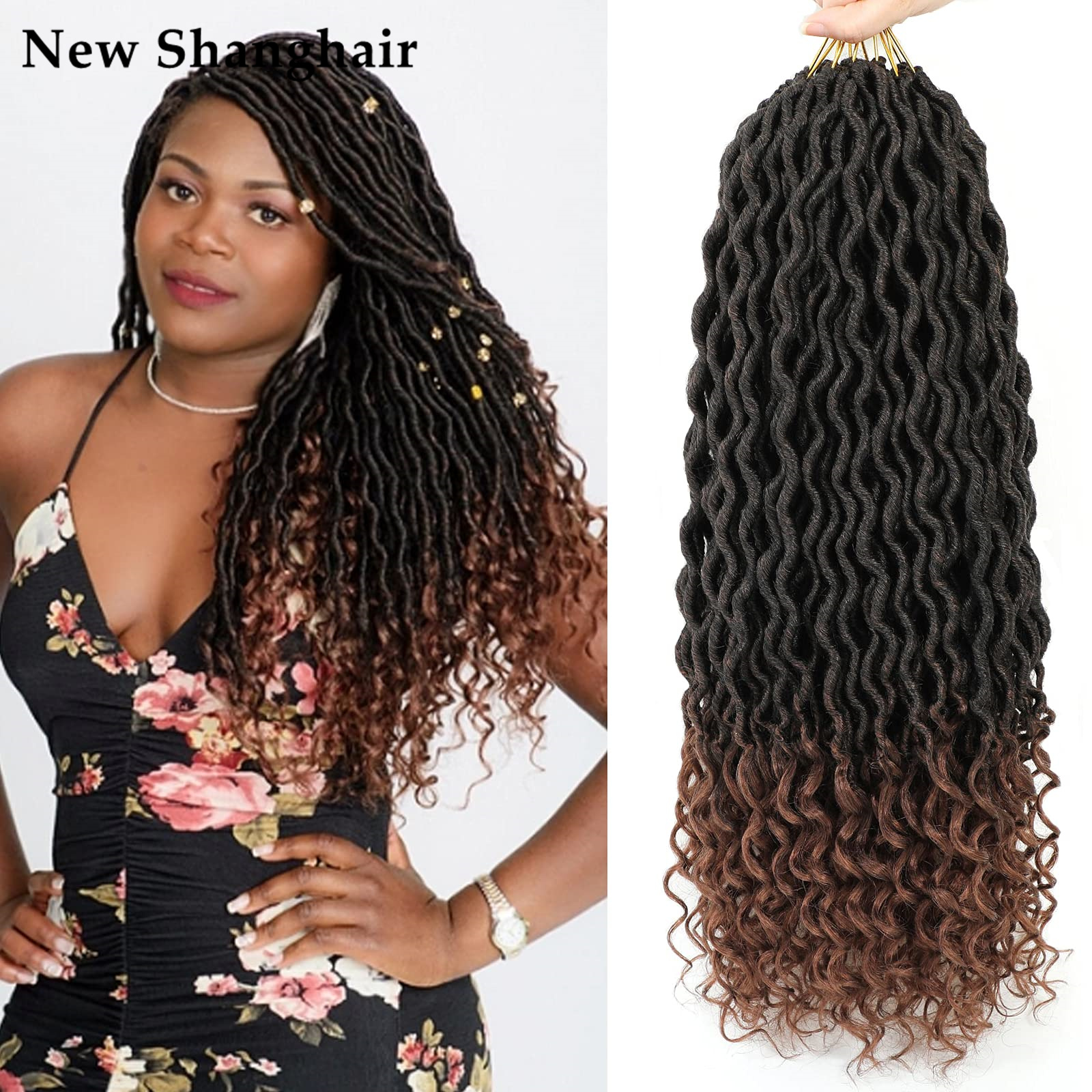 

Wavy Faux Locs Braids Crochet Hair 18 inch Ombre Purple Blue Braiding Goddess with Curly Ends Synthetic Twist Hair Extensions BS12, 1b