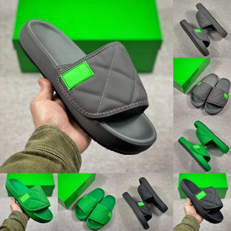 

Mens Slippers Bottega Venet Slider 3D Nylon Pistachio Green Quilted Rubber Pool Slide Flat Sandal Black