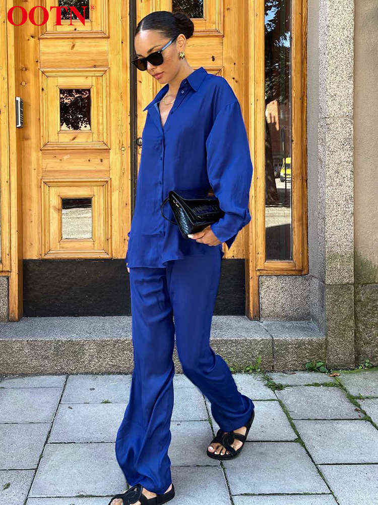 

OOTN Blue Satin Office Female Sets Elegant Long Sleeve Turn-Down Collar Spring Elastic Waist Wide Leg Pants Suits Women 2022 T220729
