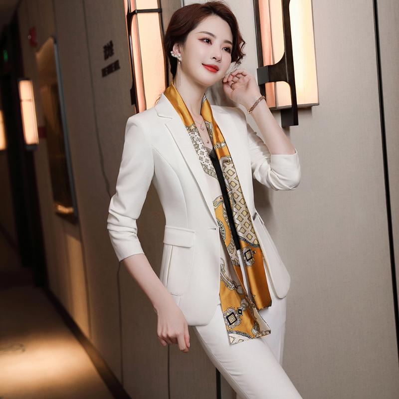

Women' Two Piece Pants 2022 White Black Suit 2 Pieces Set Formal Elegant Ladies OL Blazer Female Jacket + Trousers Plus Size -4XL