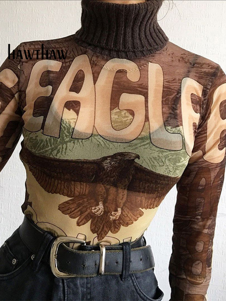 

Hawthaw Women Fashion Long Sleeve Mesh See Through Letter Printed T Shirt Tops 2022 Spring Autumn Clothes Wholesale Items, Auburn