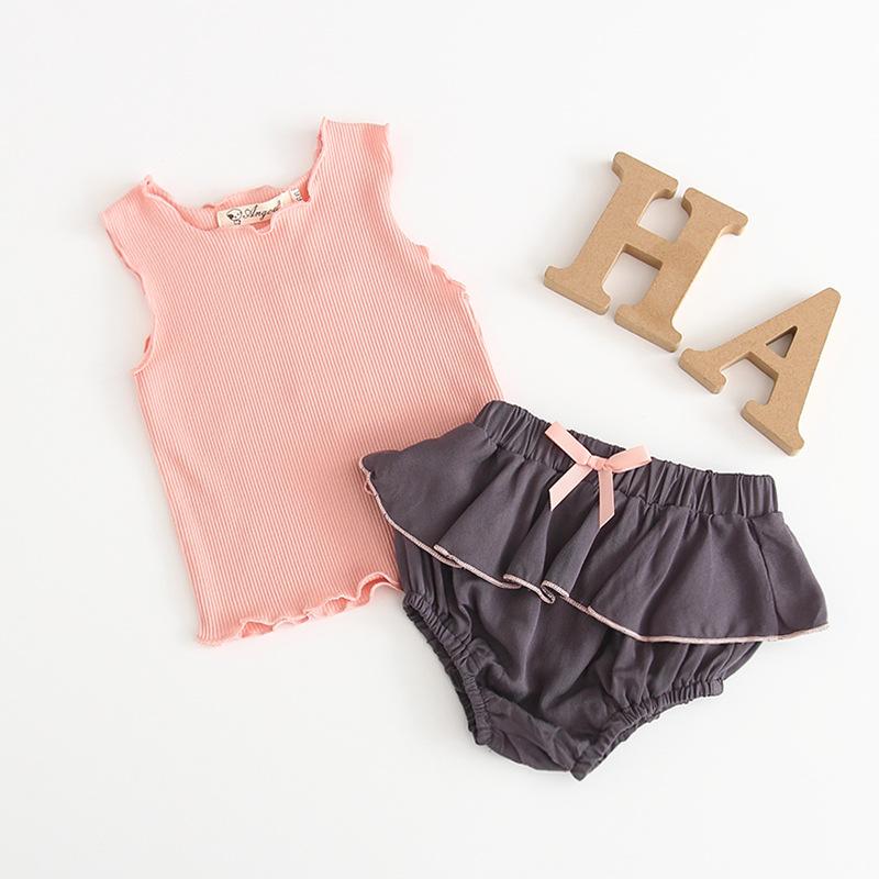 

Clothing Sets Baby Girl Summer Solid Cotton Sleeveless Blouse With Rolled Hem And Flounce Shorts, Pink