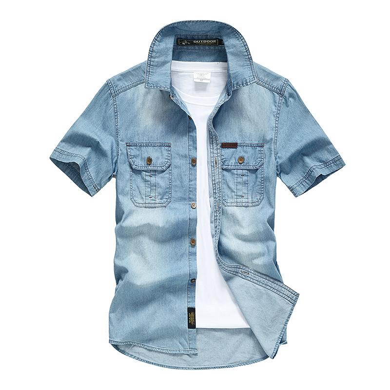 

Men's Casual Shirts Summer Brand Denim Shirt Men Cotton Short Sleeve Turn-down Collar Mens Slim Fit Men's Jeans Chemise Homme, Light blue