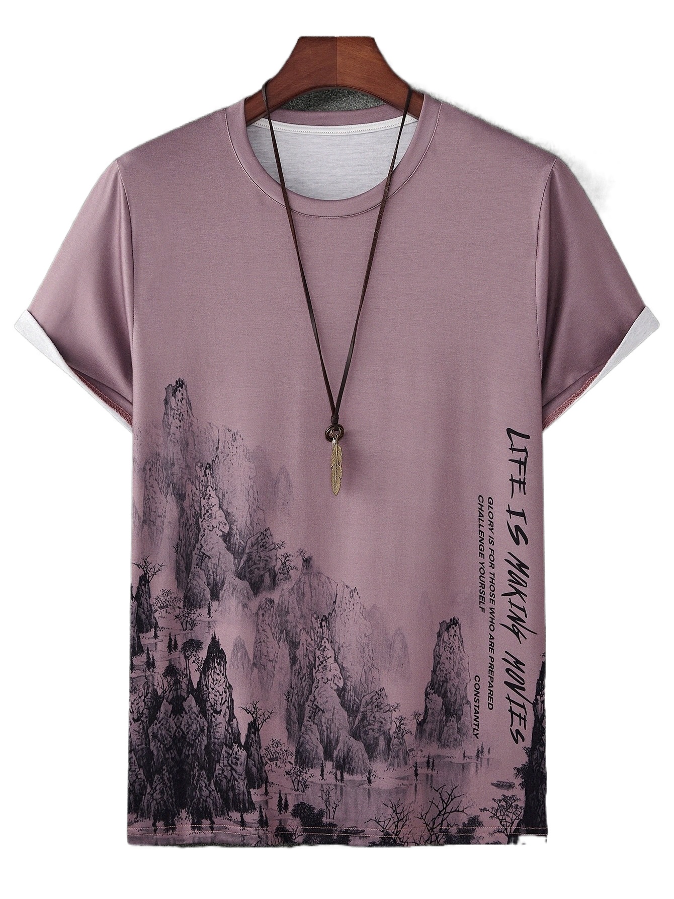 

men Random Mountain & Slogan Graphic Tee r6p0#, Dusty pink