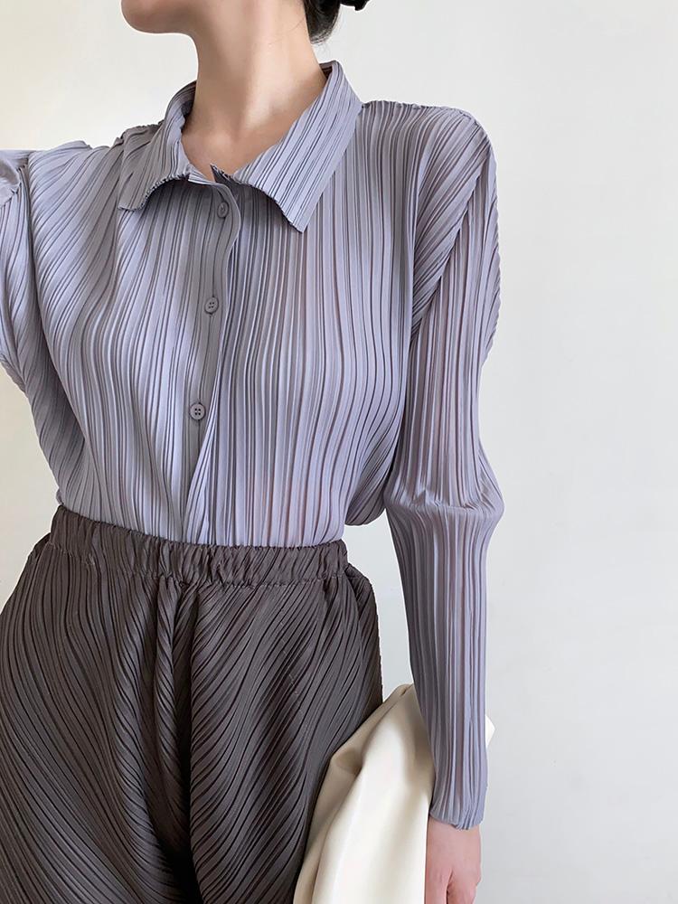 Blouses Femmes Chemises Miyake Plissé Femmes Casual Chemise 2022 Automne Hiver Coréen Designer Esthétique Blouse Bouton T-shirt À Manches Longues