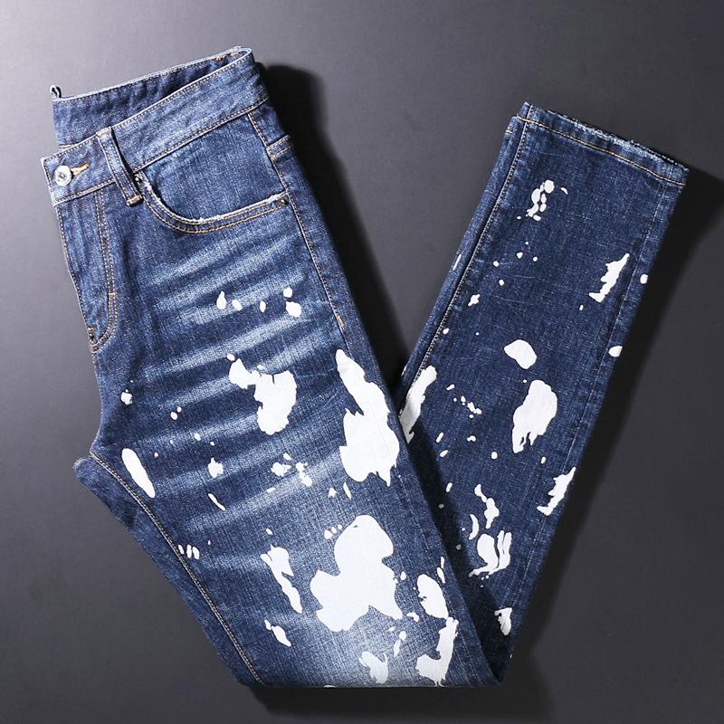 

Men's Jeans Streetwear Fashion Men Retro Blue Painted Designer Slim Ripped Trousers Brand Hip Hop Denim Punk Pants HombreMen's