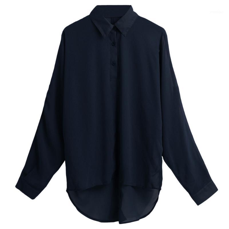 

Spring Summer Women Blouse Chiffon Shirt Long Sleeve Turn-down Collar Asymmetric Casual Loose Thin Tops Eminina Camisas Blusas Women' Blous, Black