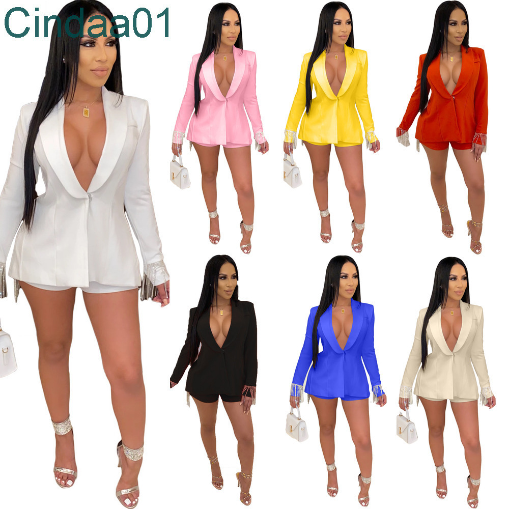 Fashion Women Streetwear Two Piece Pants Set Sexy Deep V-neck Split Tassel Leisure Suit At Back