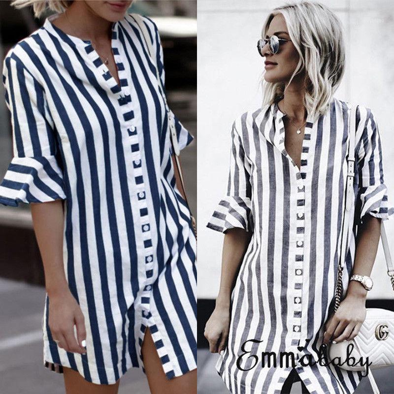 

Women' Striped Casual Tops Shirt Fashion Blouse Clothes Plus Size Lady Loose Short Sleeve Blouses & Shirts, Blue