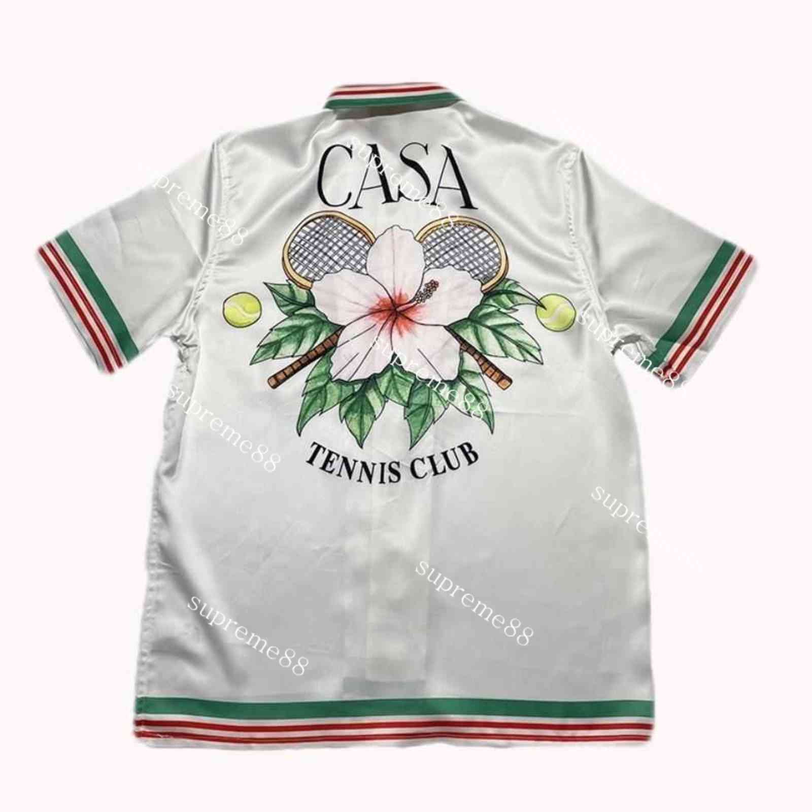 Casablanc Tennis Club Tennis Racket Stripe Couleur Assortie Chemise à Manches Courtes en Soie Unisexe Européen et Américain