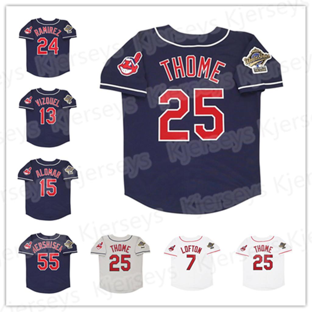 

Retro 1995 World Series Baseball jersey 25 Jim Thome 13 Omar Vizquel 7 Kenny Lofton 24 Manny Ramirez 8 Albert Belle 15 Sandy Alomar 55 Hershiser jerseys, Custom white