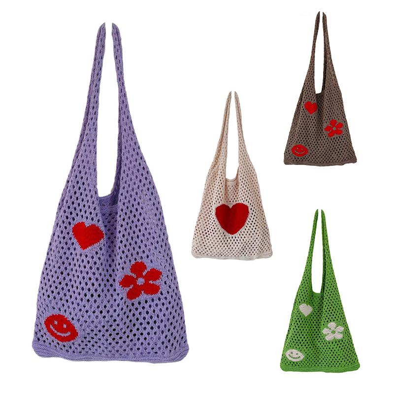 

Evening Bags Korean Hyuna Flower Print Crochet Shopper Bag Knitting Hollow Out Shoulder Beach Casual Laziness-Style Handbag For WomenEvening, A-green
