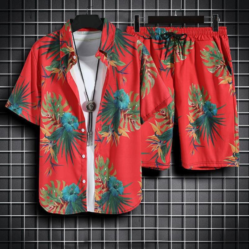 

Gym Clothing Breathable Short Sleeve Man Summer Hawaiian Two Piece Sets For DatingGym, Green