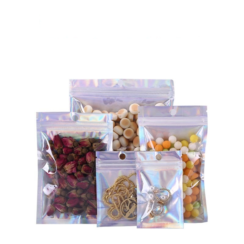 

Clear Plain Laser Aluminum Foil Zipper Lock Packaging Bag with Hang Hole Party Crafts Snack Nuts Storage Mylar Plastic Packing Pouch 2939 T2