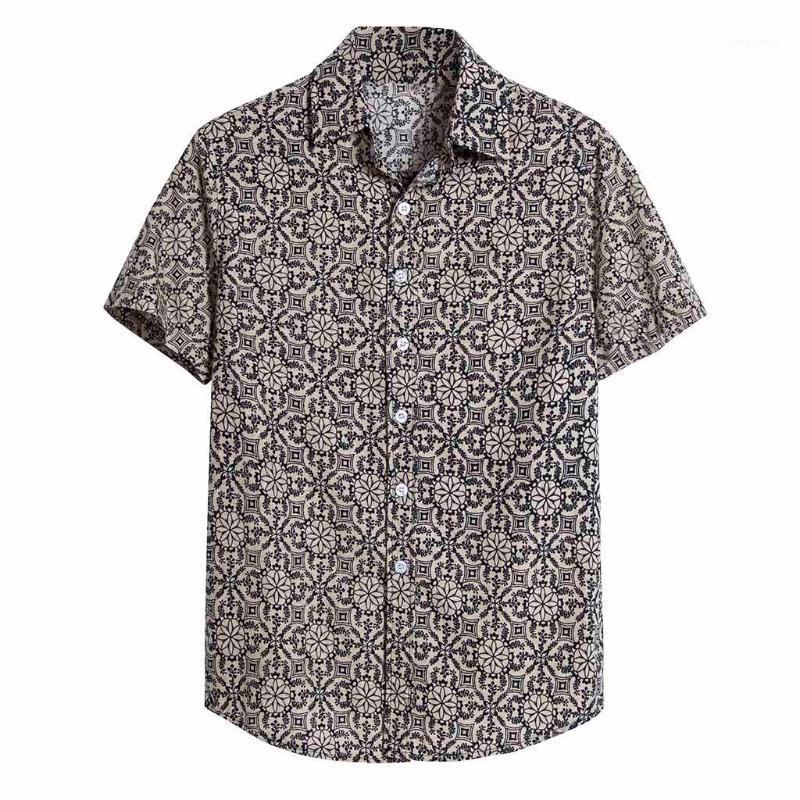 

Feitong Vintage Shirt Men Cotton Linen Summer Beach Holiday Short Sleeve Casual Printed Hawaiian Blouse Men's Shirts, Gray