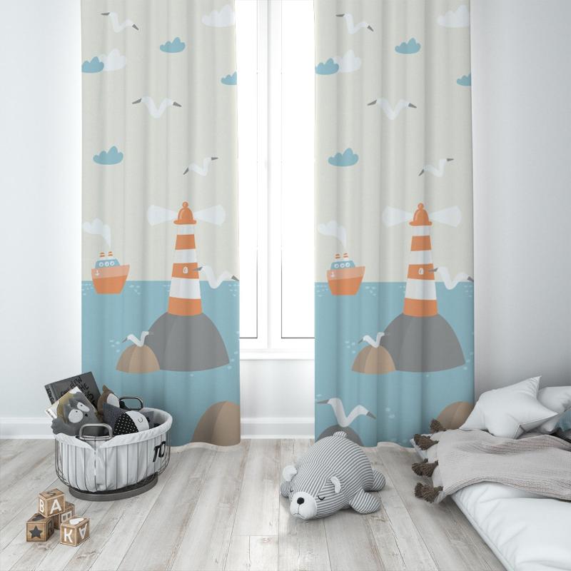 

Curtain & Drapes Lighthouse Ship And Cute Seagulls Unisex Baby Kids Room Special Design Canopy Hook Button Blackout Jealous Window, 65x135 cm ( 1 pcs)