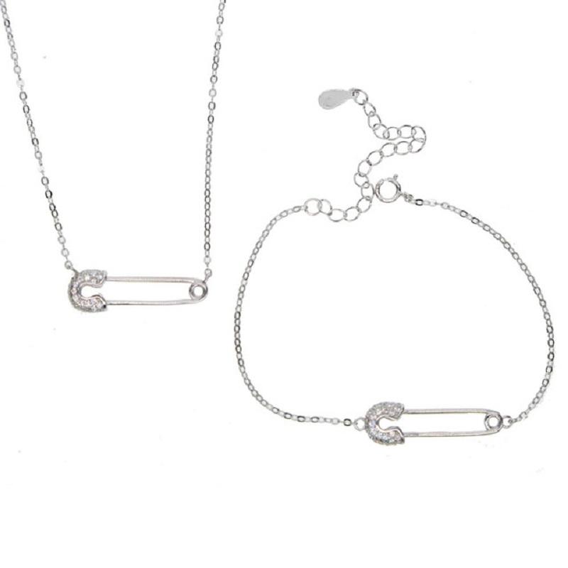 

Chains Drop Untique Dainty Delicate Necklace Safety Pin Charm Paved Cz Bracelet Set Womens Girls In 100% 925 Sterling SilverChains
