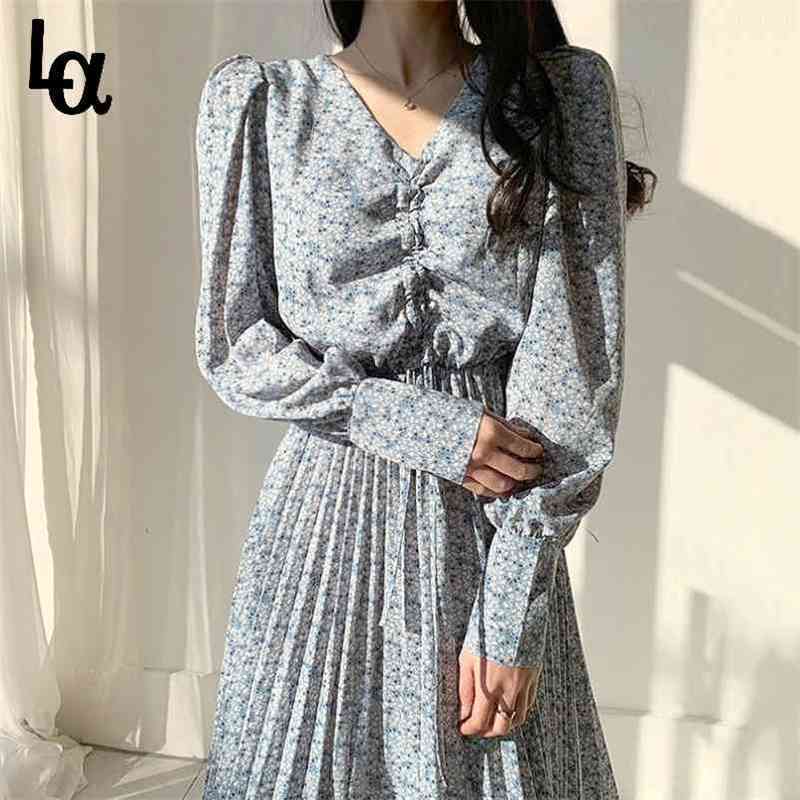 

Chic Floral Puff Sleeve High Waist Long Dress Vintage Elbise Ladies Vneck Drawstring Chiffon Ropa Mujer Elegant 210519, Blue
