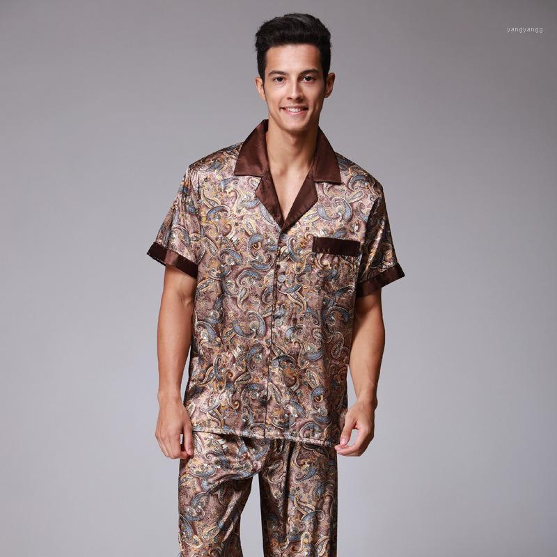 

Men's Casual Shirts Pajamas 2-Piece Set Satin Silk Rayon Printed Short Sleeves Nightgown For Home Bath Robe Men Sleepwear Suits