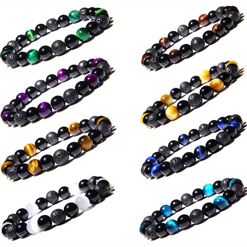 

Beaded, Strands 8 Pcs Natural Stone Tiger Eye Triple Protection Bracelet For Men Women Lava Rock Healing Energy Beaded Oil Diffuser Aromathe