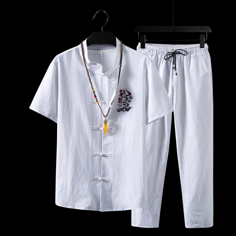 

Men's Tracksuits Summer White Mens Two-piece Set ( T Shirt + Pants) Single-breasted Men Embroidered And Ankle-Length Pants Size S-5xl, Black