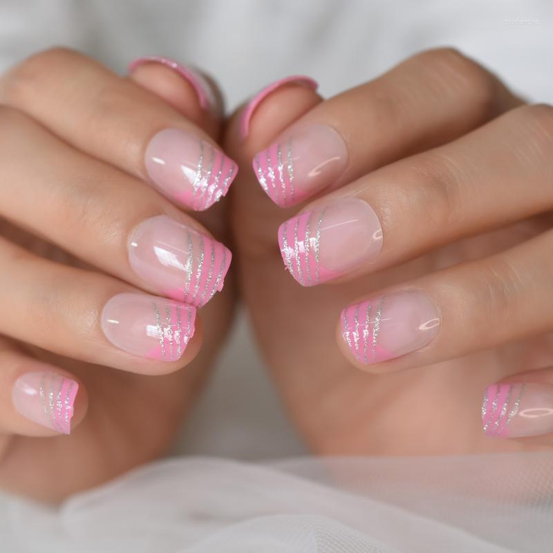 

False Nails Pink Nude French Short Fake Silver Glitter Line Squoval Square Gel Press On Nail For Girl Full Cover Finger Wear Dec Prud22, L5753