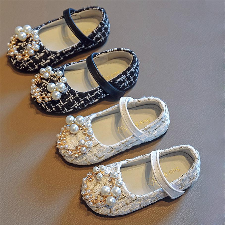 

Girls Shoes Pearls Princess Shoes Costume Tweed Baby Kids Children Mary Janes Shoes Plaid Bead Toddlers Non-slip Spring Autumn195k, Ivory