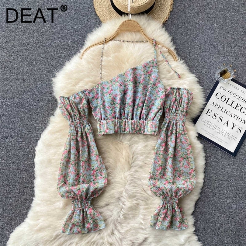 

DEAT Women Printing T-shirt Solid Color Skew Neck Puff Sleeve Fashion Sexy Temperament Spring Summer 11D2010 210709, Blue
