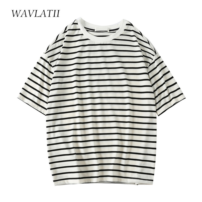 

WAVLATII Women Fashion Striped T shirts Female Beige Black Strip Cotton Oversized Short Sleeve Tees Tops for Summer WT2269 220615