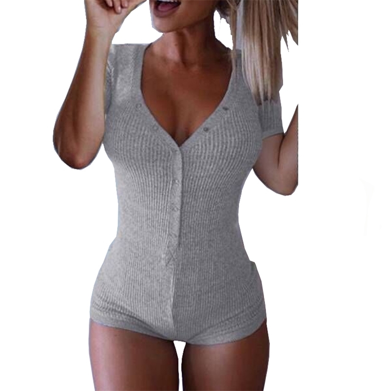 

Slim Button Short Femme Body Cotton Romper Women Rompers Bodycon Jumpsuit New Sexy Bodysuit Lady V Neck Long Sleeve GV282 T200704, Pink