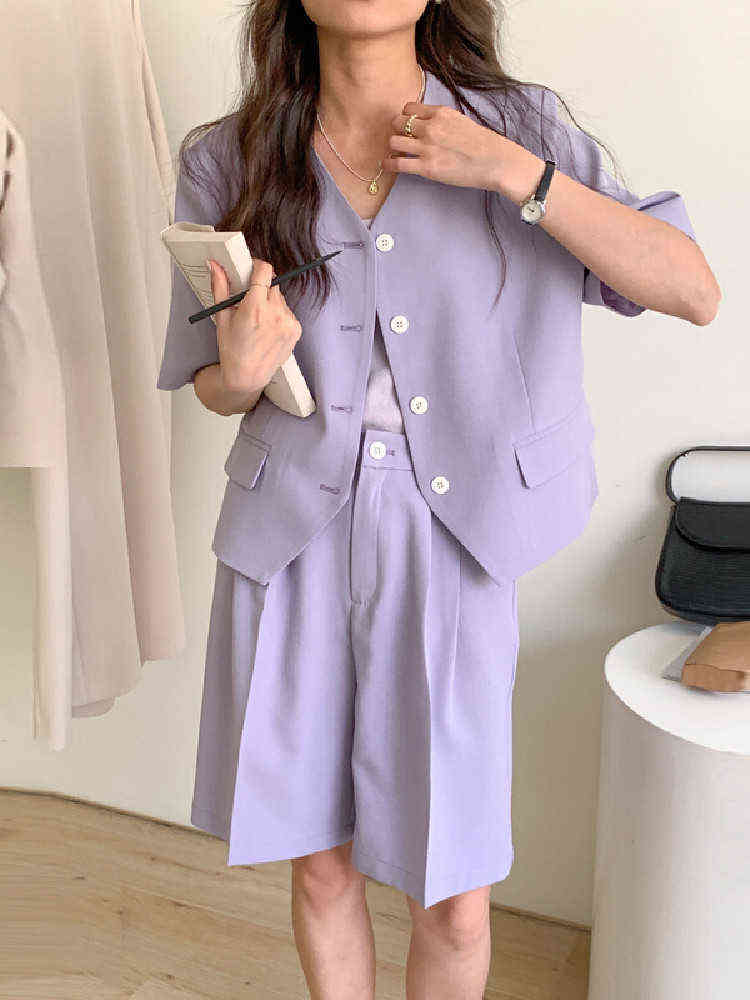 

Summer Blazer Two Piece Sets Womens Outfits Short Sleeve Jacket Tops Black High Waist Shorts Ensemble Femme 2 pcs Ete J220813, Picture color set