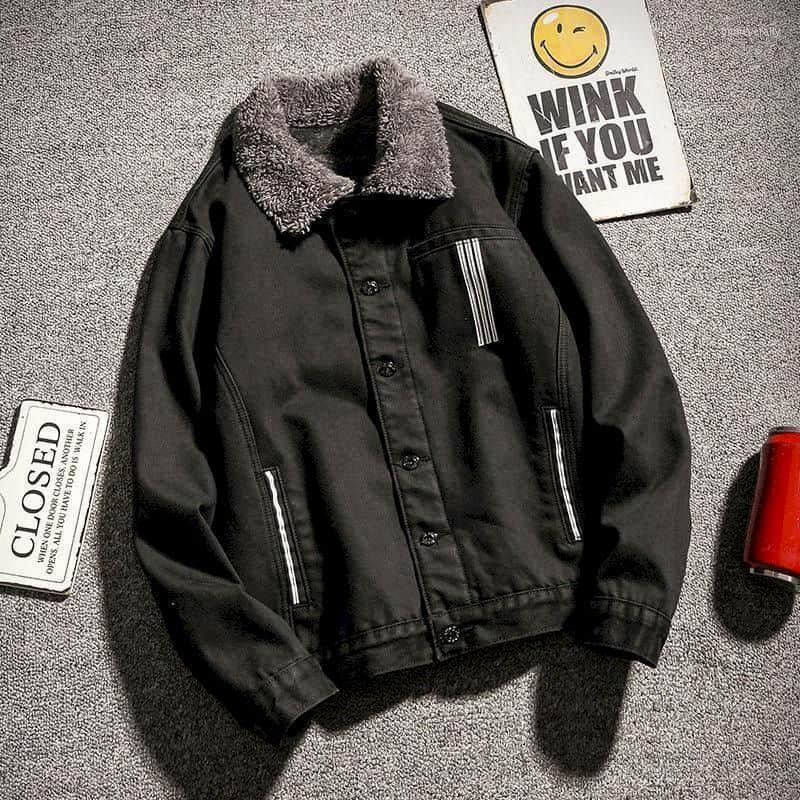 

Men's Down & Parkas Lapel Denim Jacket Autumn Winter Plus Velvet Thick Lamb Loose Korean Trend Student Padded Coat Streetwear Top Guin22, As pic
