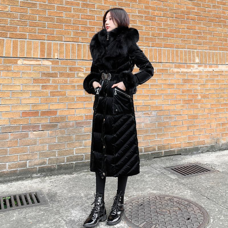 

Women' Down & Parkas Winter Big Fur Collar Hooded Coat Black Slim Mid-Long White Duck Outerwear Female Fashionable Warm Commuter Jacket Str