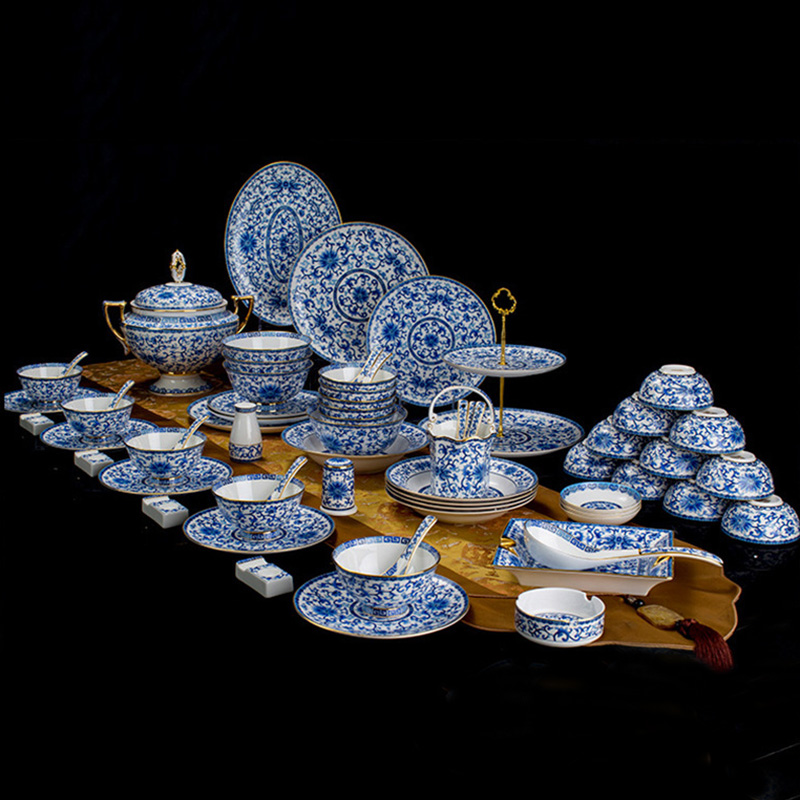 JINGDEZHEN Luxury Dinnerware Sets Bone China Enamel Blue and White Imperial Style 86 Pcs Cloisonne Plates Bowls Porcelain Tableware Set for Gift-image-721010623