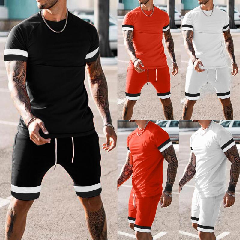 

Men's Tracksuits Summer Solid Color 2-piece Set Round Neck Stitching Short-sleeved Shirt Shorts Pants Comfortable Sports Suit, Orange