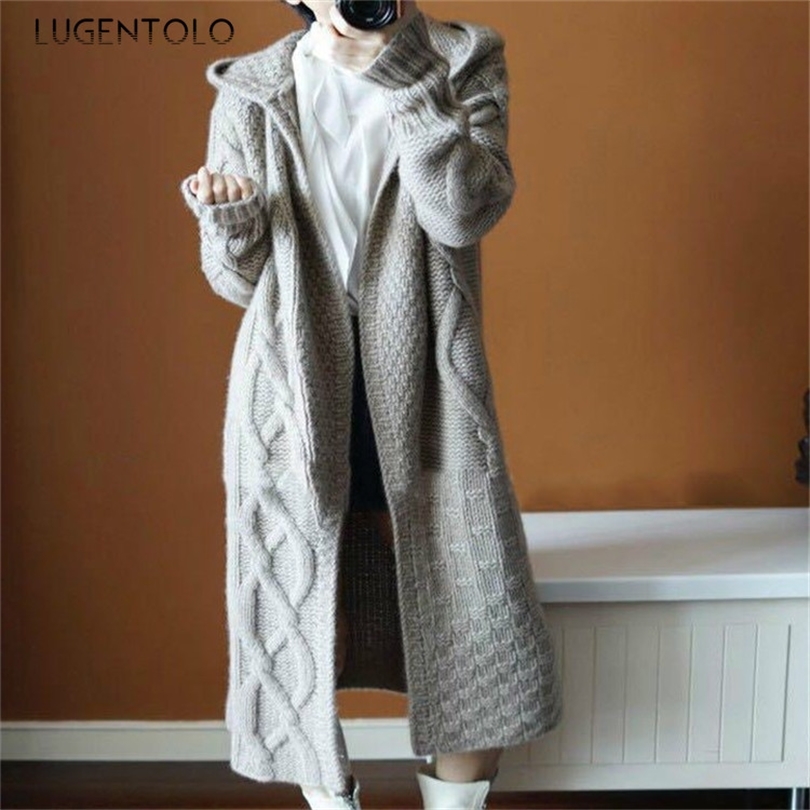 

Lugentolo Women Sweater Cardigan Autumn Winter Hooded Long Sleeve Winter New Solid Color Loose Korean Cozy Lady Long Sweaters CJ191220, Gray