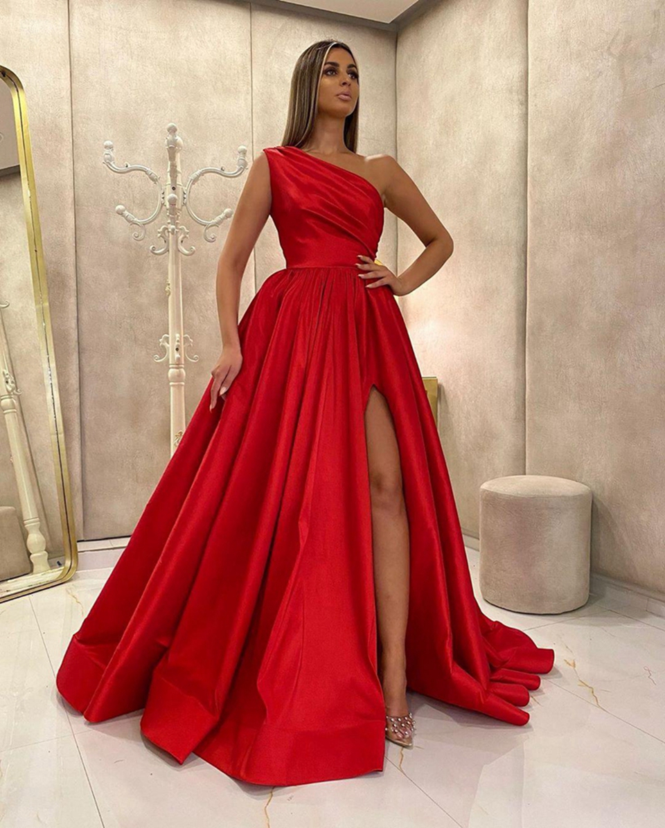 Red One Shoulder Split Prom Dress 2022 Women Formal Party Night Vestidos De Gala A-Line Satin Elegant Simple Long Evening Gowns-image-757267948