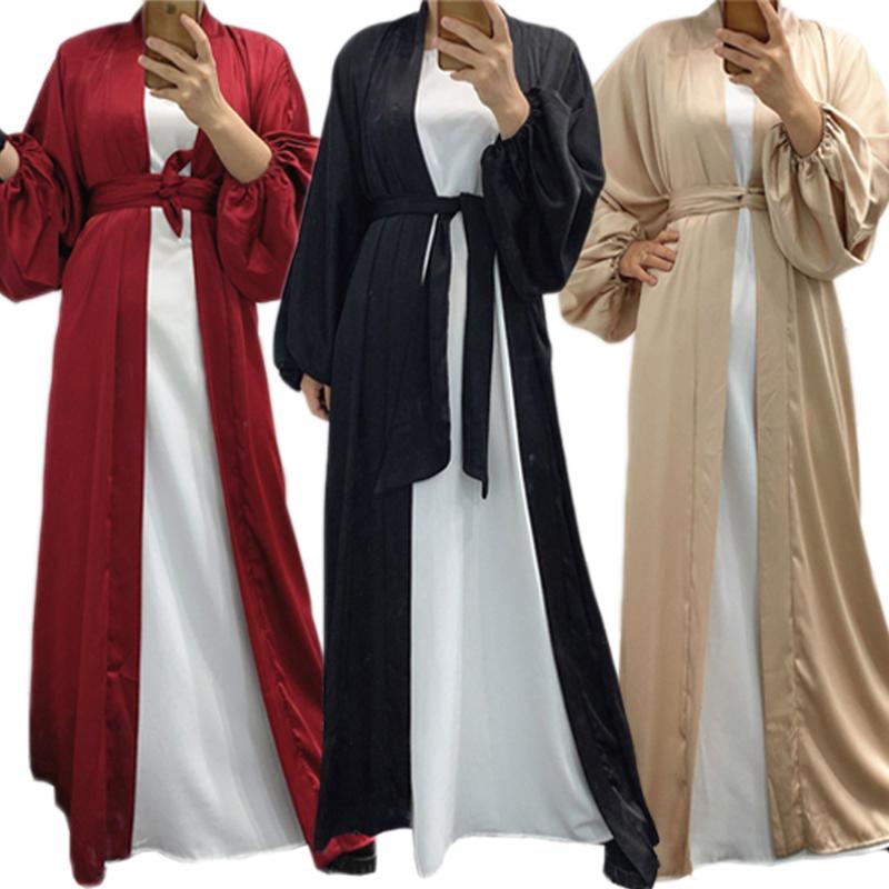 

Ethnic Clothing Ramadan Muslim Women Open Abaya Islamic Maxi Robe With Belt Arabic Middle East Dubai Turkey Long Dress Elegant Puff Sleeve R