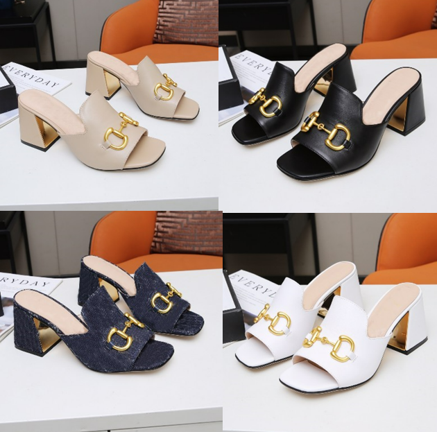 

2022 Designer G Luxury Slides Ladies Sandals Womens Fashion Metal Button Real Leather Slippers High Heels Embroidery Rubber Dress Shoes 35-42 With Box